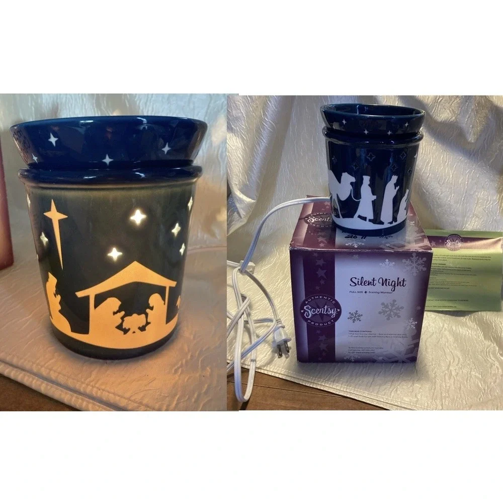 Scentsy SILENT NIGHT Nativity Full Size Wax Scent Warmer Retired Blue Extra Bulb